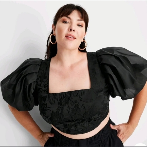 Future Collective Black Organza Puff Sleeve Crop Top - Picture 1 of 11